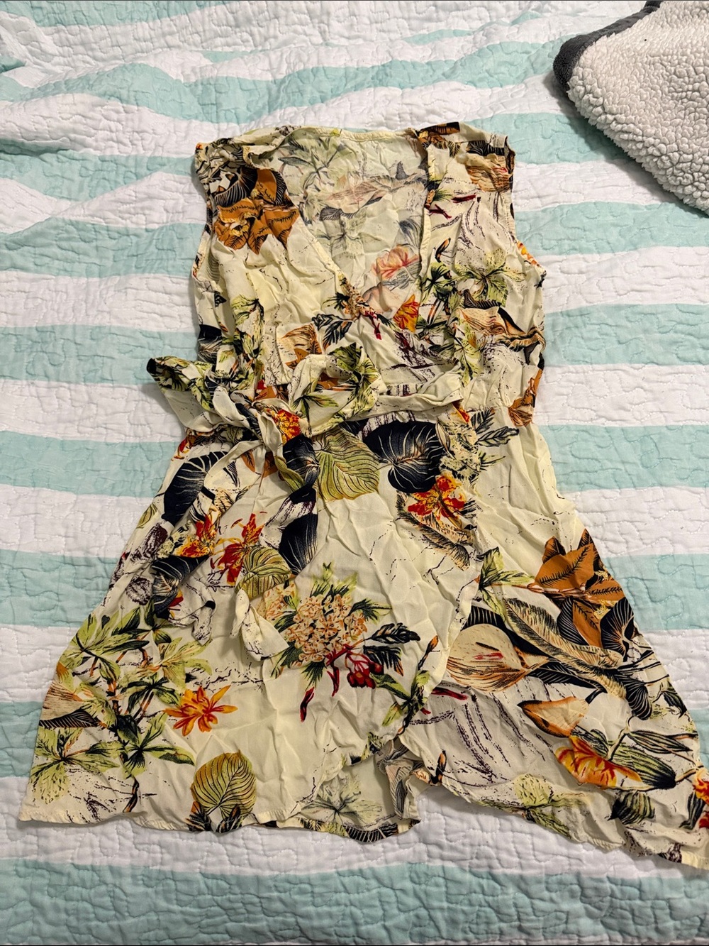 Cupshe Cream Tropical Floral Wrap coverup Dress with Green & Orange Accents